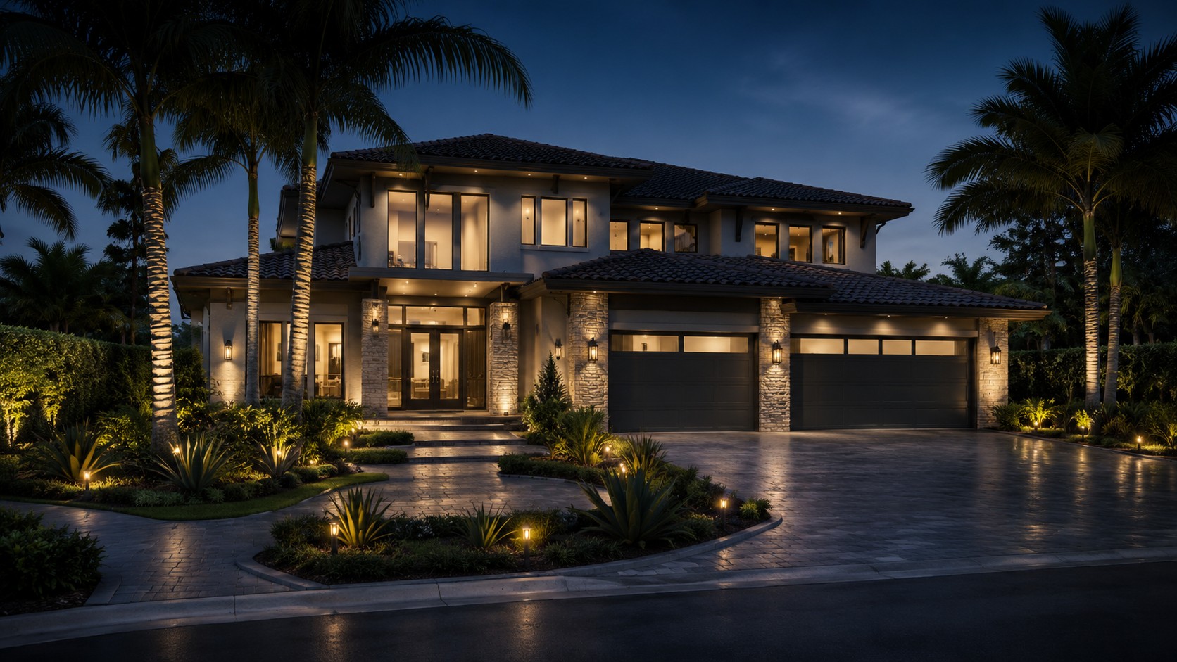 Luxury residential home exterior at night